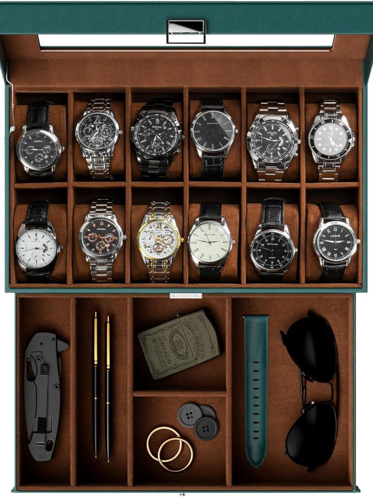 Watch Box 12 Slot Mens Watch Case With Drawer 2Layer Watch Display Case With